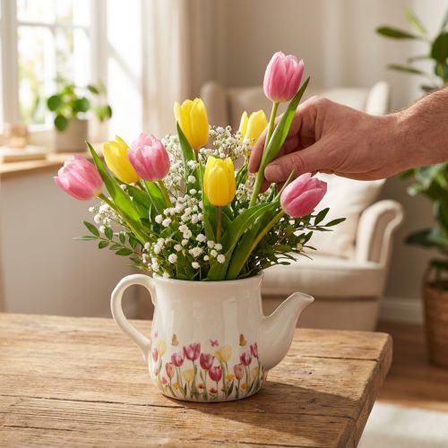 Keramisk kanna med blommotiv