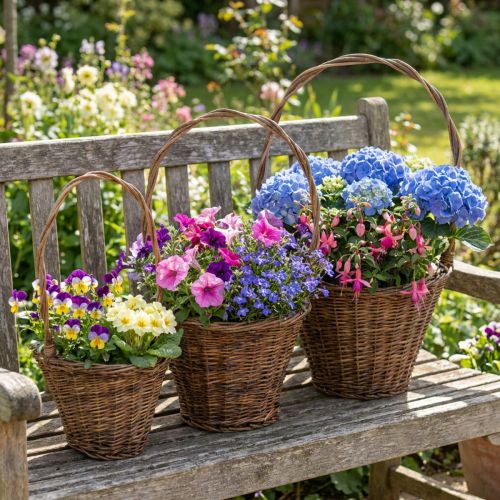 Pilblomkorg med handtag, naturlig finish, 29/23/21 cm, set om 3. | Floristik24.se