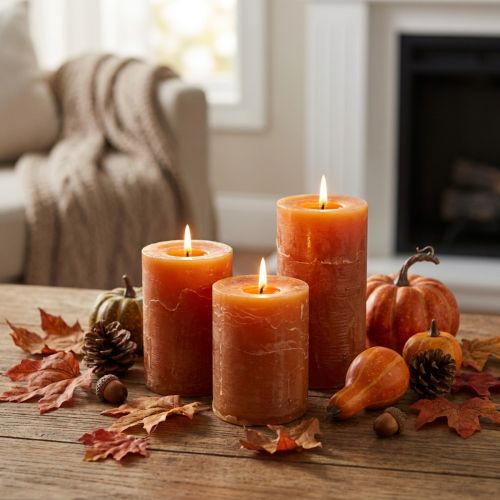 Mörkorange blockljus, enfärgade rakt igenom, Sunset Rustic, 60x80mm, set om 4, för höst- och adventsdekorationer | Floristik24.se