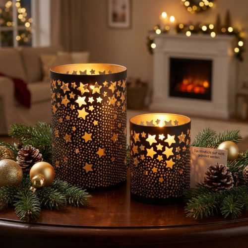 Ljusstake metallstjärnor svart/guld H10/15cm set om 2 | Floristik24.se