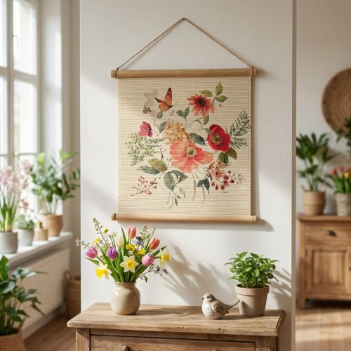 Blomdekoration på väggen, väggdekor av träbambu med jutesnöre, H44 x B42 cm för vardagsrum | Floristik24.se