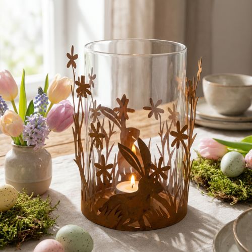 Lykta med kaniner, vårdekor, metalldekor med blommor, påskpatina Ø11,5cm H18cm | Floristik24.se