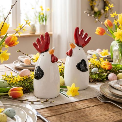Keramik Kyckling Röd Vit Tupp Bordsdekoration 7×6×15cm 2 st | Floristik24.se