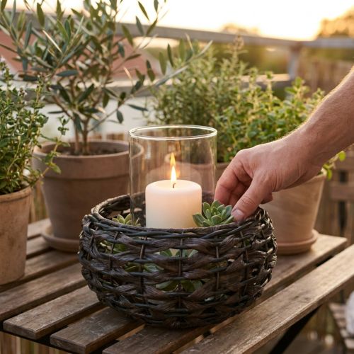 Lykta flätat svart, brunt rottingljusglas Ø23cm H18cm | Floristik24.se