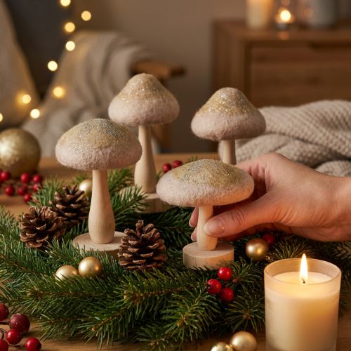 Dekorativa svampar i trä och filt med glitter, adventsbordsdekoration, 11 cm höga, 4 stycken | Floristik24.se