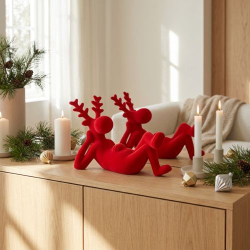 Dekorativ röd renfigur, liggande, modern design, 24 cm, 2 stycken | Floristik24.se