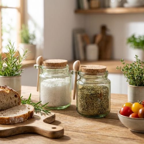 Dekorativt glas med korklock och sked, grönt, Ø7cm, H10cm, 2 st | Floristik24.se