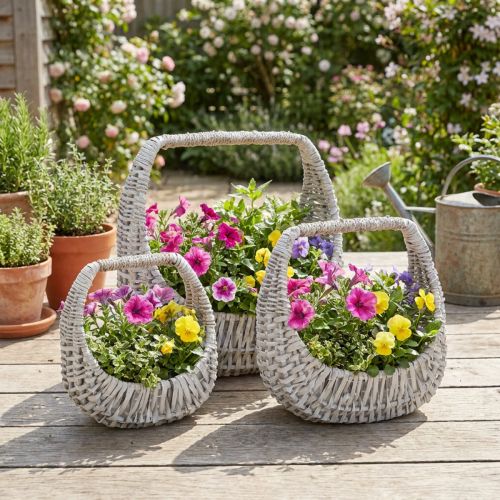 Rottingkorg med handtag, gråtvättad, H43/34/27 cm, set om 3 | Floristik24.se