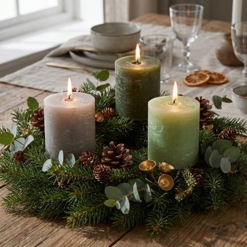 Artikel Set med pelarljus, 3 nyanser av grönt, genomfärgade, dekorativa ljus för bordsdekoration och wellness, 70x80mm, 12 delar