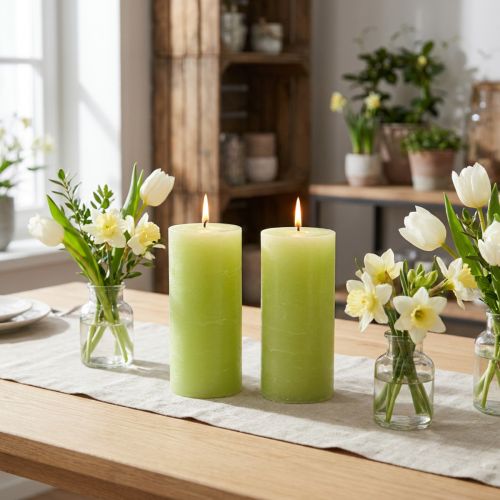 Enfärgade blockljus, limegröna, 85×150 mm, set om 2, högkvalitativa ljus för hemstämning och dekoration | Floristik24.se