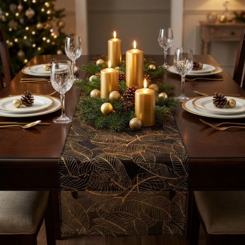 Artikel Organza bordslöpare svart-guld – elegant dekorativ tygrulle med bladmönster 48 x 450cm