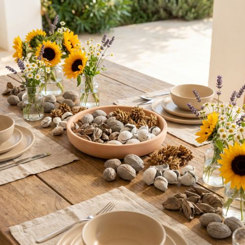 Artikel Potpurri-bordsdekoration med nötter för en naturlig sommaratmosfär
