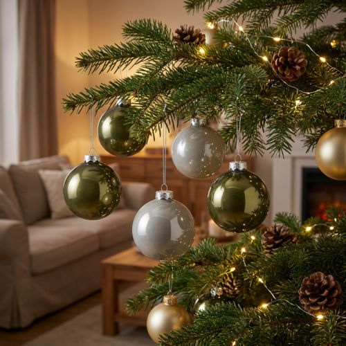 Julkulor glaskulor oliv silvergrå Ø7,5cm 12 st | Floristik24.se