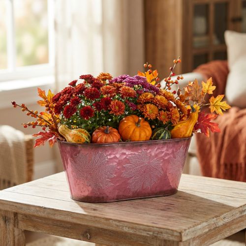 Skål med bladdekoration, planter, höstdekoration, metallkruka vinröd L38cm H15cm | Floristik24.se