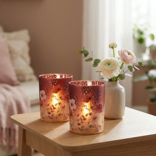 Artikel Dekorativ glaslykta med blommönster för eleganta heminredningsdetaljer, 12,5 cm, 2 stycken