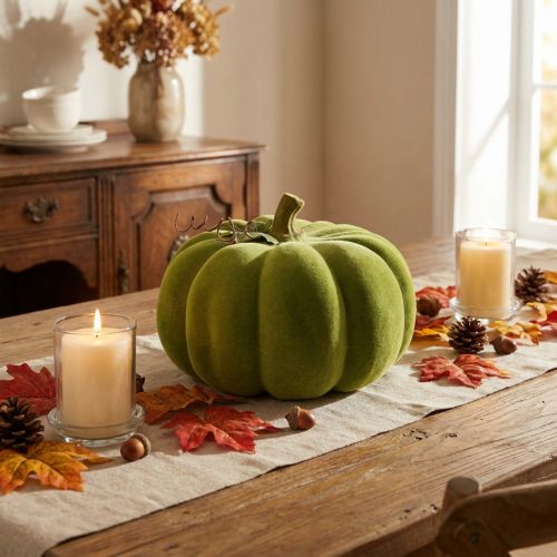 Artikel Dekorativ pumpa flockade mossgrön 32cm