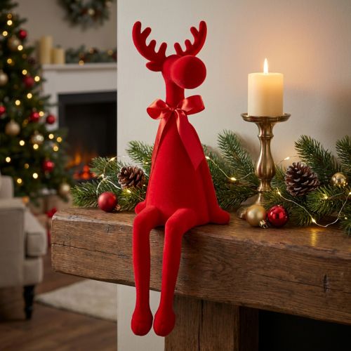 Artikel Dekorativ älgfigur med rosett, sittande, flockad hylla, 54 cm