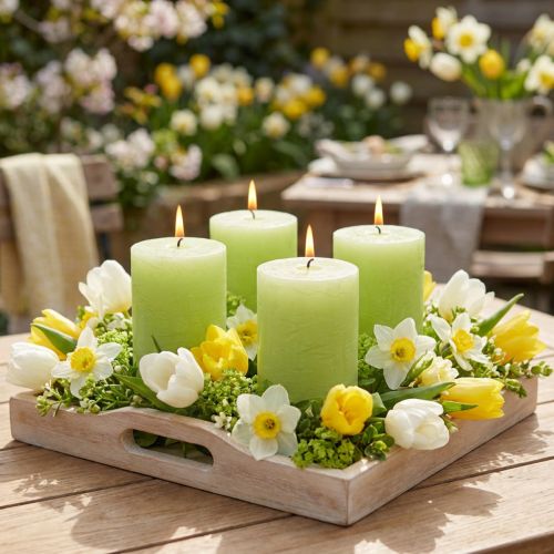 Limegröna färgade pelarljus 70×80 mm 4-pack - Stämningsfull dekoration och ljus | Floristik24.se