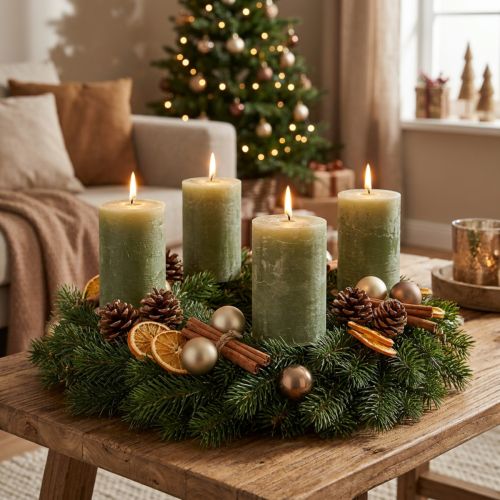 Enfärgade olivgröna pelarljus, 85x120 mm, 2 stycken, för adventskransar och bordsdekorationer | Floristik24.se
