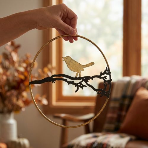 Metallfönsterdekoration med fågel, Ø22,5 cm, hösthängande dekoration, elegant väggdekoration | Floristik24.se