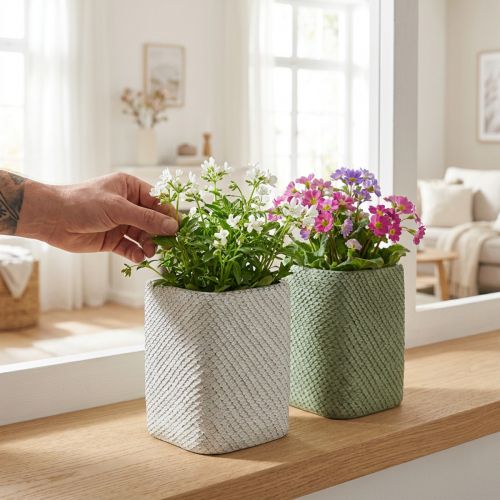 Planteringskärl keramik vit grön reliefnät 12x12cm H17,5cm 2st | Floristik24.se