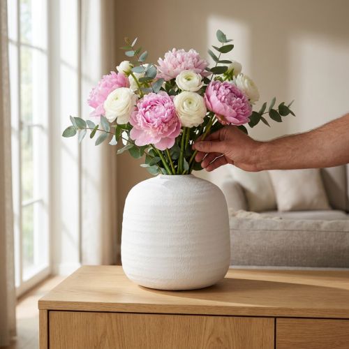 Blomvas, keramikvas, dekorativ vas vit Ø22cm H22,5cm | Floristik24.se
