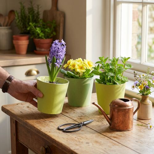 Papperscachekruka, planteringskruka, kruka för plantering blå/grön Ø13cm H12,5cm 4st | Floristik24.se