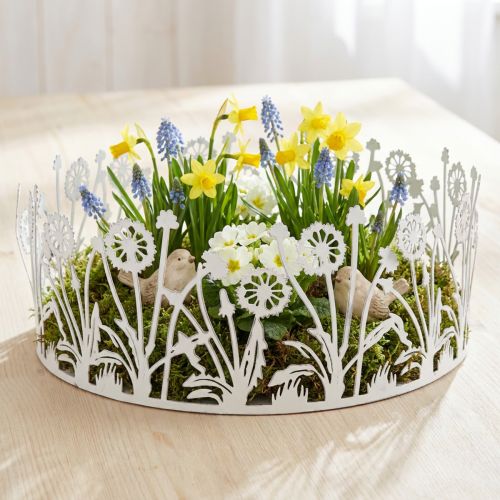 Artikel Dekorativ bricka med maskrosor, metalldekoration för vårvit, silver shabby chic Ø25cm H10,5cm
