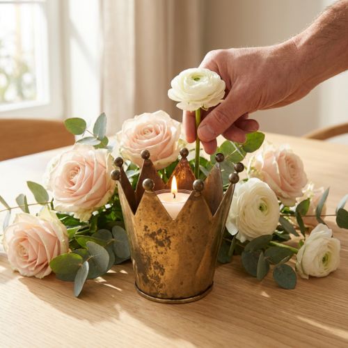 Crown värmeljushållare metall antik mässing utseende Ø12,5cm H11,5cm | Floristik24.se