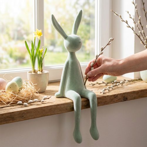 Påskharehylla, sittande kanin, flockad, grågrön, 56 cm | Floristik24.se