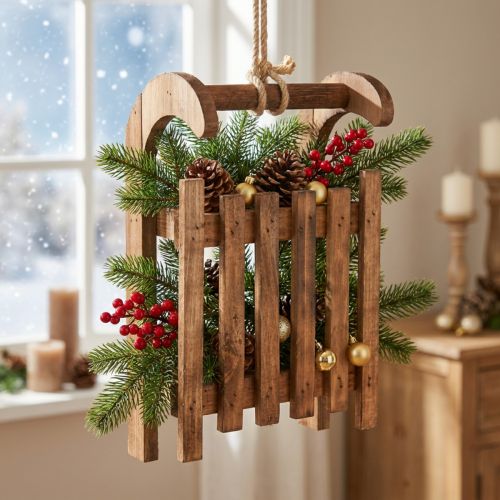 Dekorativ slädebrun vinterdekoration av trä 30x18x12cm | Floristik24.se