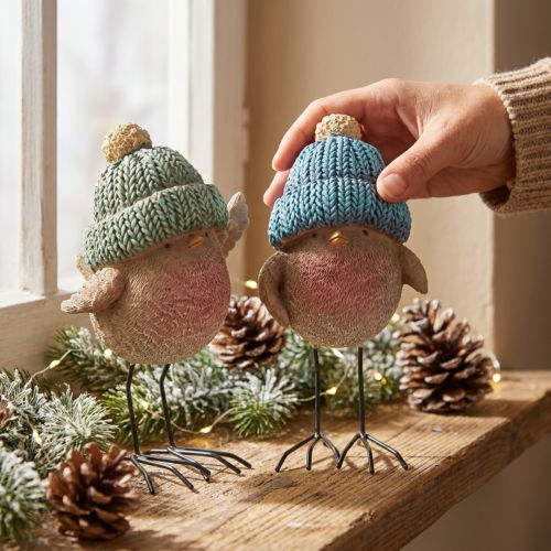 Dekorfågel med hatt vinterdekoration blågrön H18cm 2 st | Floristik24.se