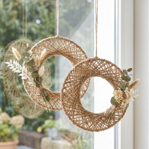 Artikel Boho hängande dekorationsringar, jute naturfiber, Ø28cm, väggdekoration, fönsterdekoration, set om 4