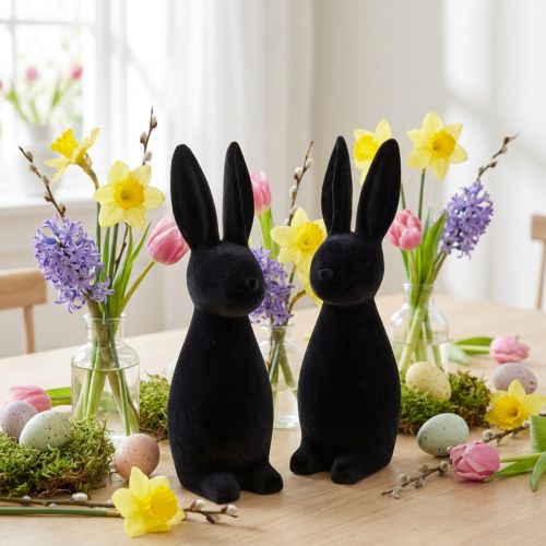 Dekorativ svart påskhare, flockad, 29,5 cm hög, 2 stycken | Floristik24.se