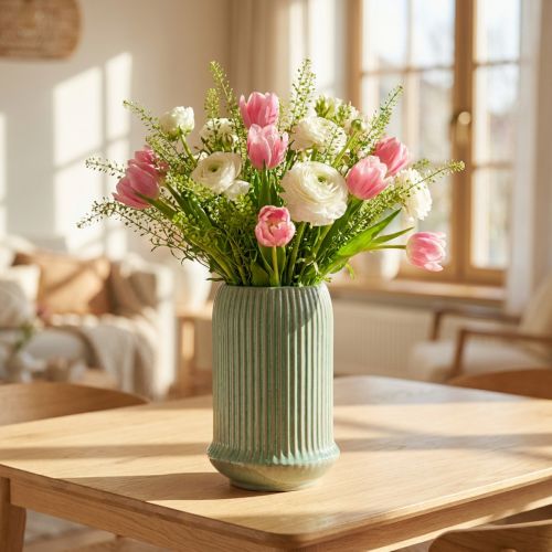 Keramikvas med spår Keramikvas ljusgrön Ø13cm H20cm | Floristik24.se