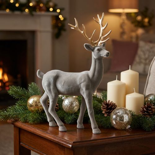 Dekorativ hjort dekorativ figur dekorativ renflockade grå H46cm | Floristik24.se