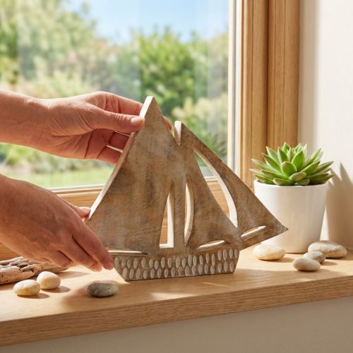 Träsegelbåt, maritim dekoration, träbåt naturfärg, vit H23cm | Floristik24.se
