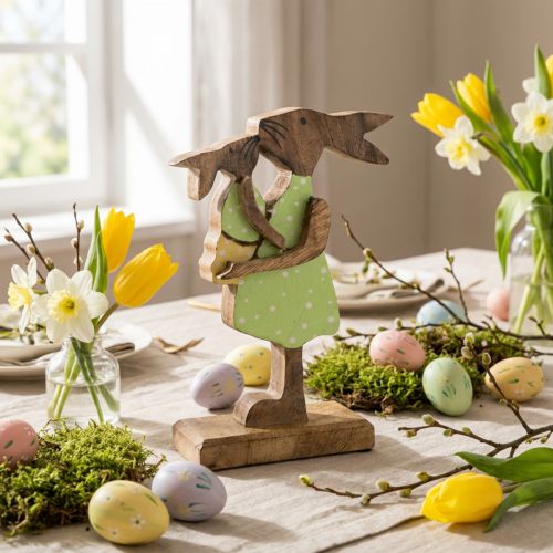 Kaninmamma med barn, påskdekoration, vår, påskhare av trä, naturlig, grön, gul H22cm | Floristik24.se