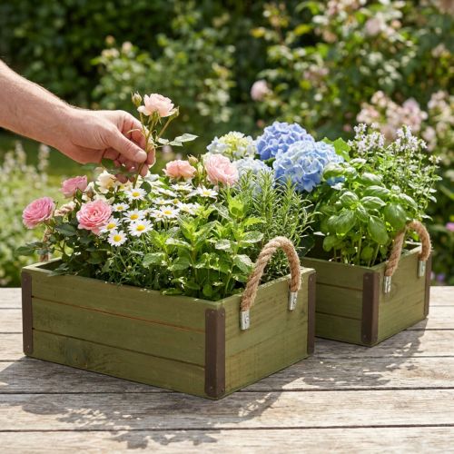 Vintage blomlåda träkruka grön L24/30cm set om 2 | Floristik24.se