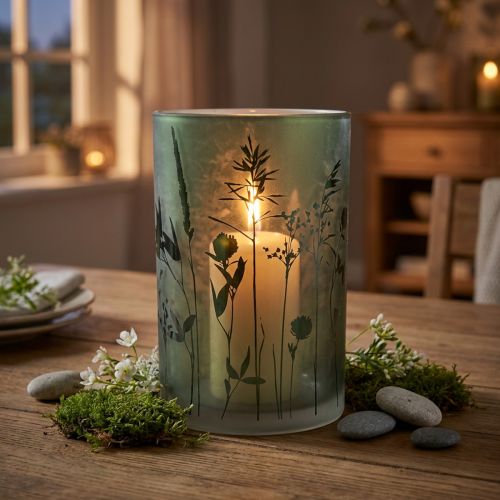 Lykta av vitt glas med grönt ängsmotiv H18cm | Floristik24.se