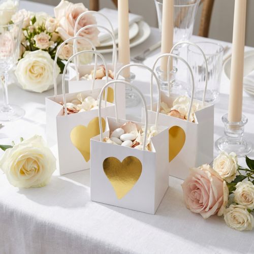 Presentpåsar med handtag vitguld papper 8,5×8,5×8cm 12 st | Floristik24.se