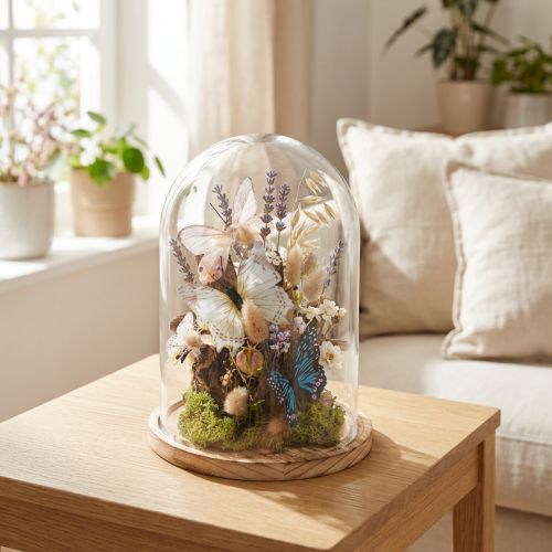 Glasklocka på träbricka, glasburk, klar, naturlig, Ø17cm, H24cm | Floristik24.se