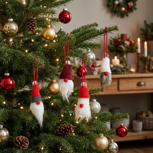 Tomte med spetsig hatt för upphängning, röd, vit, grå, L10–12 cm, 12 stycken | Floristik24.se