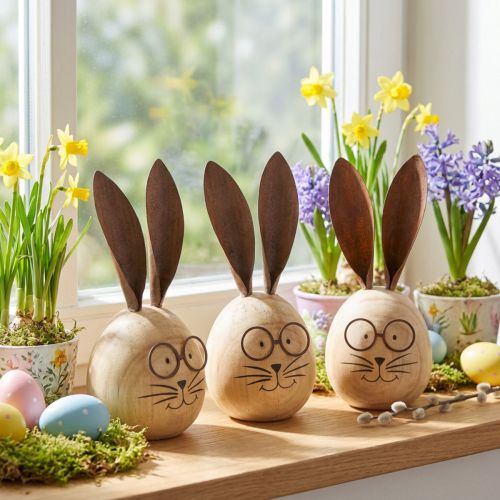 Äggformad kanindekorationsfigur med karaktär för vår- och säsongsdekoration, 14 cm, 3 stycken | Floristik24.se