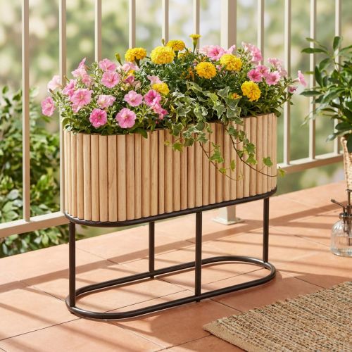Mini upphöjd rabatt, jardiniere, planteringslåda, trä, oval, 50×20 cm, H40 cm | Floristik24.se