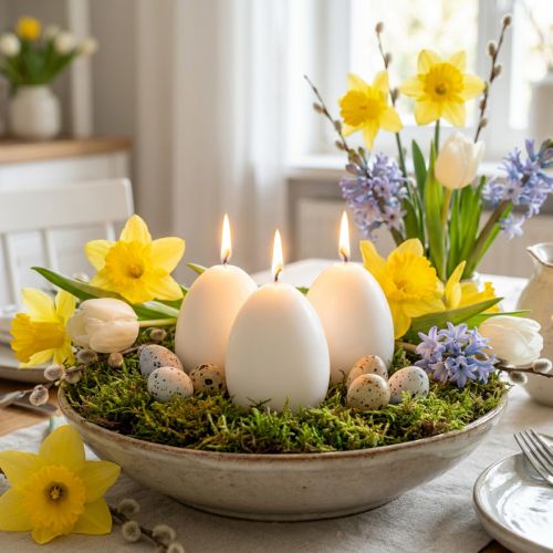 Påskljus, äggformade, specialljus för påsk, vita, 9 cm, 6 stycken | Floristik24.se