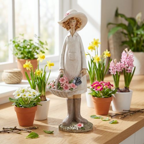 Dekorativa figurer trädgårdsmästare, dekorativ kvinna med blommor, vit rosa, H21cm | Floristik24.se