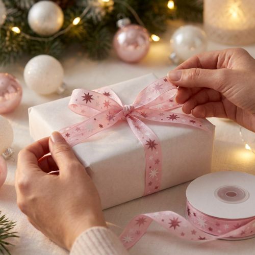 Band julklapp band rosa stjärnmönster 15mm 20m | Floristik24.se