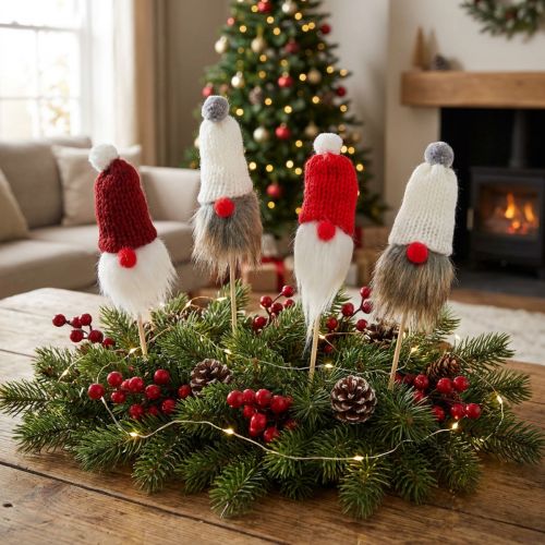 Gnome för att sticka med stickad mössa röd, vit, grå 11–13cm L34–35,5cm 12 st | Floristik24.se