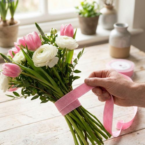 Artikel Presentband fiskbensmönster band vit rosa 25mm 15m